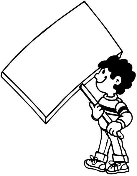 Boy carrying blank sign vinyl decal. Customize on line. Stars and Bombs 087-0614